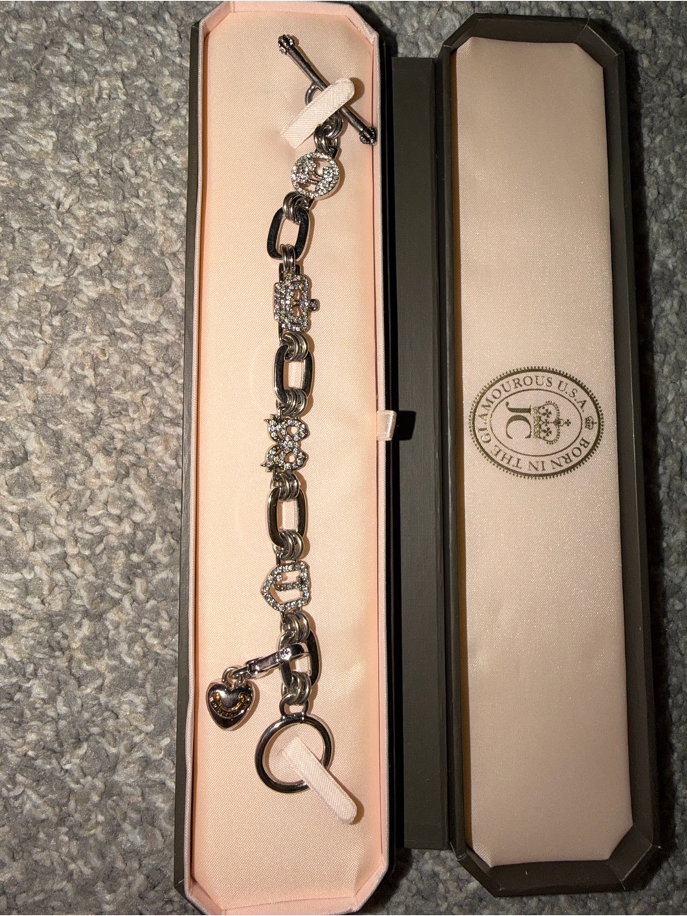 Vintage Juicy Couture Silver Crystal Charm Bracelet with Heart and Logo Charm - Picture 3 of 3